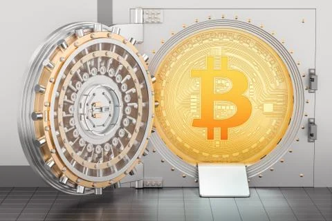 Opened bank vault with bitcoin, 3D rendering Ilustración de archivo