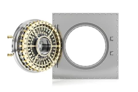 Opened bank vault door with empty white background for mock up, 3D Rendering Stock Illustration