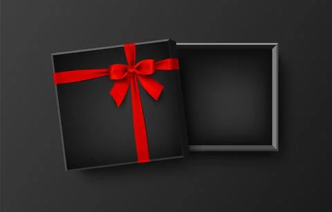 Opened black empty gift box with red bow and ribbon, vector illustration Stock Illustration