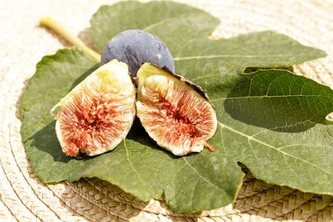 Opened black fig on a green leaf Stock Photos