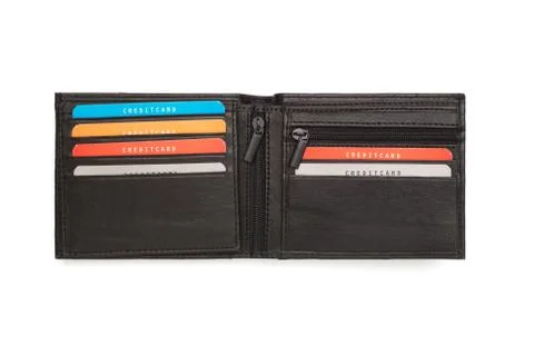 Opened Black Leather Wallet with Multi Card Holders Stock Photos