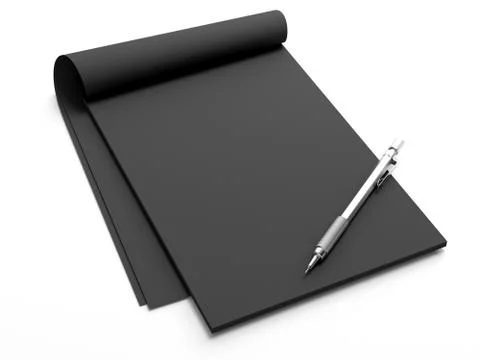 Opened black notepad with silver pen. 3d rendering Stock Illustration