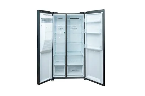 Opened black side-by-side refrigerator with glass compartments and No Frost Stock Photos