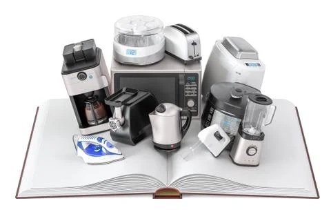 Opened blank book with household kitchen appliances, 3D rendering Illustrazione stock