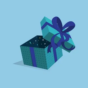 Opened Blue Gift Box with purple ribbon illustration on isolated background Stock Illustration