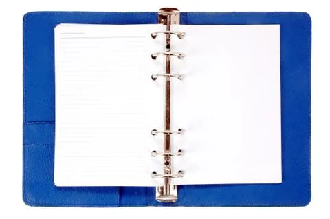 An opened blue leather notebook with blank paper Stock Photos