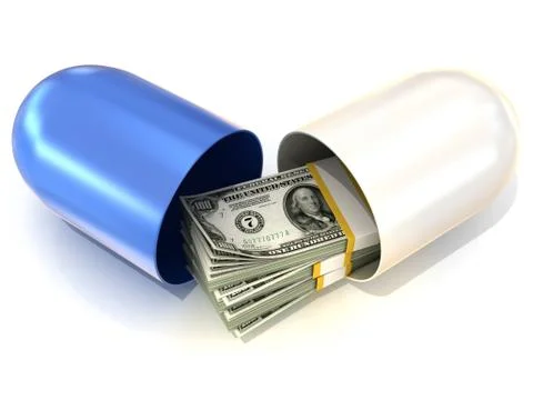 Opened blue pill capsule, with dollars stack inside Ilustração Stock