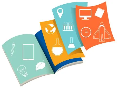 Opened book with academic icons Stock Illustration