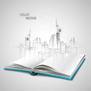 Opened book and drawing building sketches Ilustración de archivo