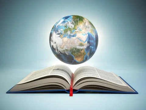 Opened book and Earth on blue background, Education concept. Stock Illustration