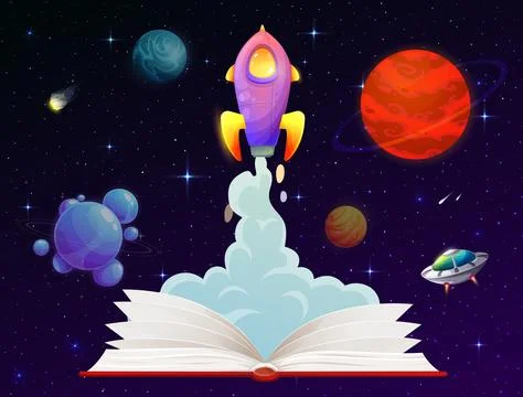 Opened book and rocket launch, starship fast start Stock Illustration