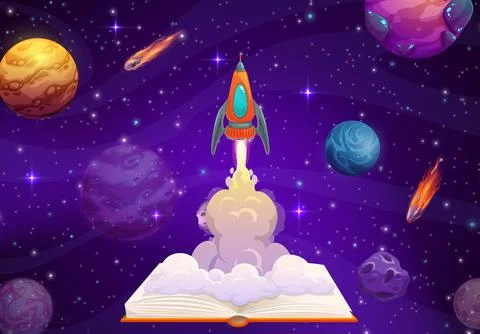 Opened book and rocket launch, business start up Stock Illustration