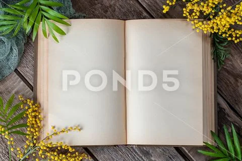Opened book with blank pages on old wooden table. Background image in spring Stock Photos