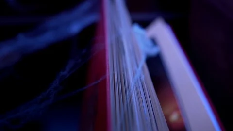 Opened book on bookshelf with artificial spiders web at themed Halloween party Stockbeeldmateriaal 116718854