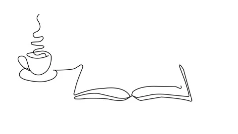 Opened book with coffee in continuous one line drawing. Education, relaxatio Stock Footage 310581589