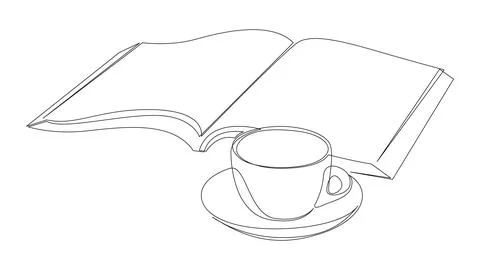 Opened book with coffee in continuous one line drawing. Stock Illustration