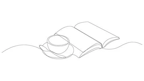 Opened book with coffee in continuous one line drawing. Stock Illustration