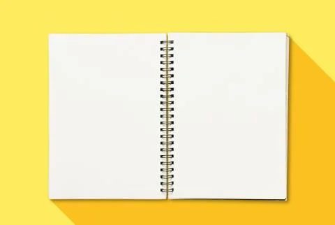 Opened book with empty white paper on yellow background Stock Photos