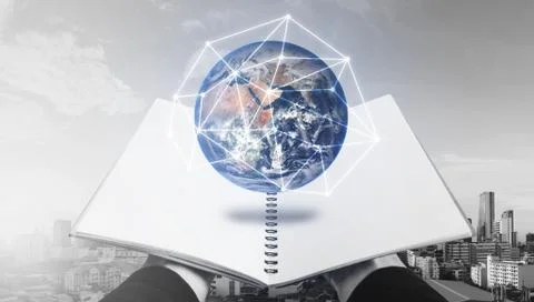 Opened book with globe hologram. Elements of this image are furnished by NASA Foto stock