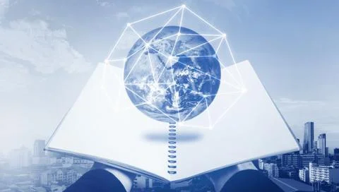 Opened book with globe hologram. Elements of this image are furnished by NASA Stock Photos