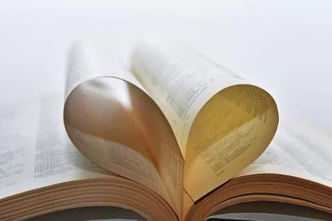 Opened book with heart form sheets. Stock Photos