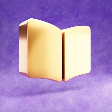 Opened book icon. Gold glossy book symbol isolated on violet velvet backgroun Illustrazione stock