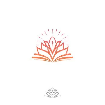 Opened book with linear Lotus and letter V logo design flat style Stock Illustration