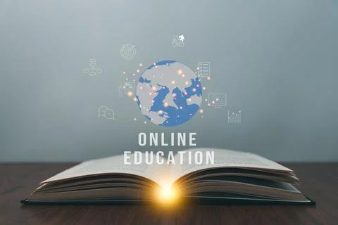 Opened Book Lying On Desk. Educational online icon interface Technology digit Stock Photos