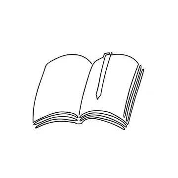Opened book with pages and bookmark isolated on white. Continuous line drawin Stock Illustration
