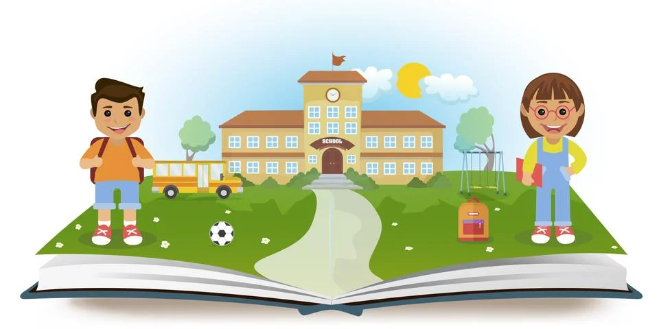 Opened book with school and two children Stock Illustration