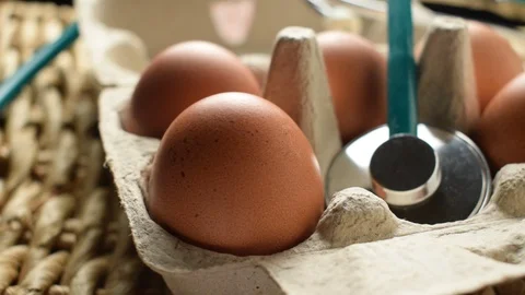 Opened box of chicken eggs with stethoscope Stock Footage 123041670