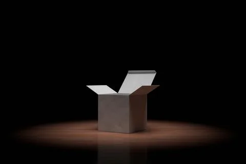 Opened box on the floor with flare light. 3D rendering. Stock Illustration