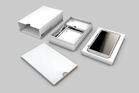 Opened box package with mobile phone isolated on white background, Illustrati Stock Illustration