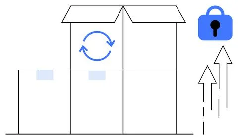 Opened Box with Recycle Symbol and Lock Icon Next to Upward Arrows Stock Illustration