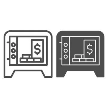 Opened box storage line and solid icon. Safe with bundles of savings, dollar in イラスト素材
