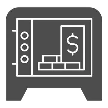 Opened box storage solid icon. Safe with bundles of savings, dollar in bank 스톡 일러스트