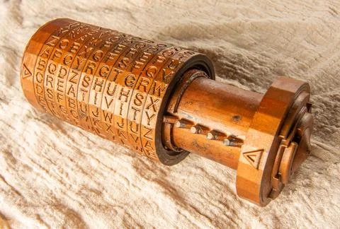Opened brass cryptex invented by Leonardo da Vinci from the book da vinci code Foto stock