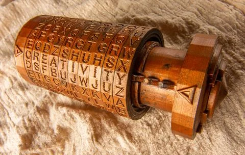 Opened brass cryptex invented by Leonardo da Vinci from the book da vinci code Foto stock