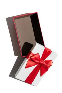 Opened brown gift box with lid and red ribbon isolated on white Stock Photos