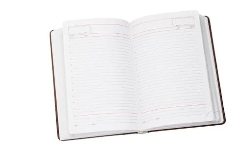 Opened brown leather notebook isolated on a white background Foto stock