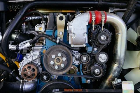 Opened bus diesel engine system Stock Photos