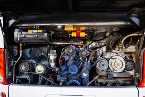 Opened bus diesel engine system Stock Photos
