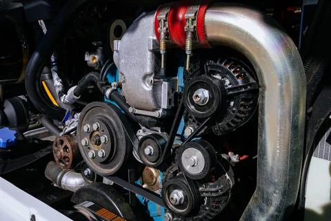 Opened bus diesel engine system Stock Photos