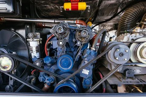 Opened bus diesel engine system Stock Photos
