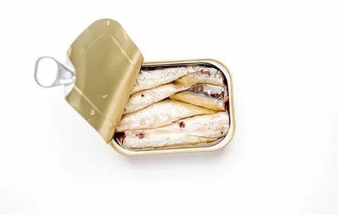 Opened can of sardines with fish inside on white background Stock Photos