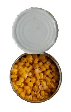 Opened cans of corn.  Iron packaging. Stock Photos