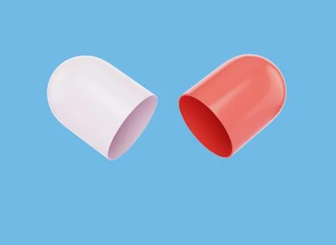 Opened capsule pill white and red color isolated on blue background. Element Stock Illustration