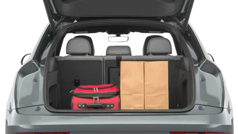 Opened car trunk Daytona Gray Pearl Effect 2018 Audi Q3 Premium 2.0 TFSI Stock Footage 159954230
