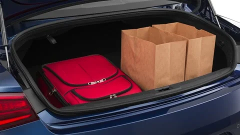 Opened car trunk with luggage Solid Red 2020 Infiniti Q60 Red Sport 400 coupe Stock Footage 160102264