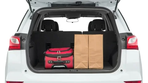 Opened car trunk with luggage Summit White 2018 Chevrolet Equinox LT Stock Footage 159940177